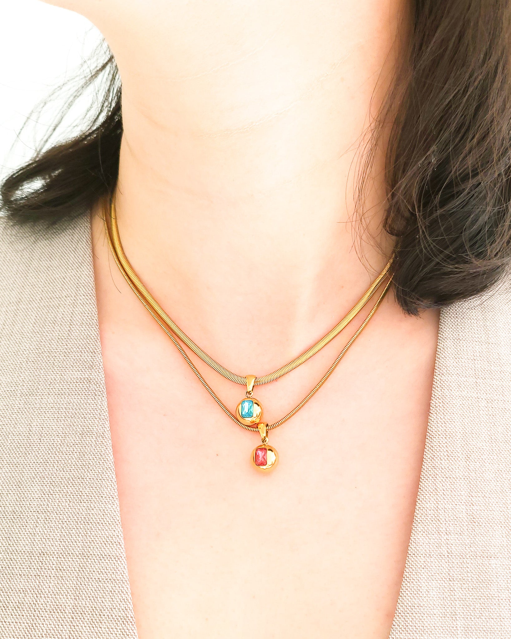 Gold Ball Pendant with Blue Zirconia Necklace